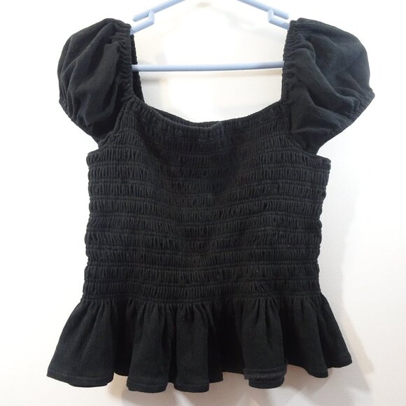 Madewell Tops - Madewell Square-Neck Smocked Peplum Short Sleeve Top Black Size L Stretch Crop